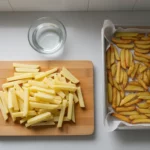 Kartoffelstäbchen auf Schneidebrett und Backblech