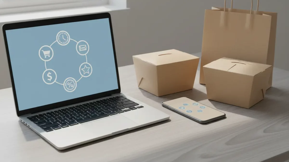 Laptop mit Online-Shop-Diagramm, Kartons und Smartphone