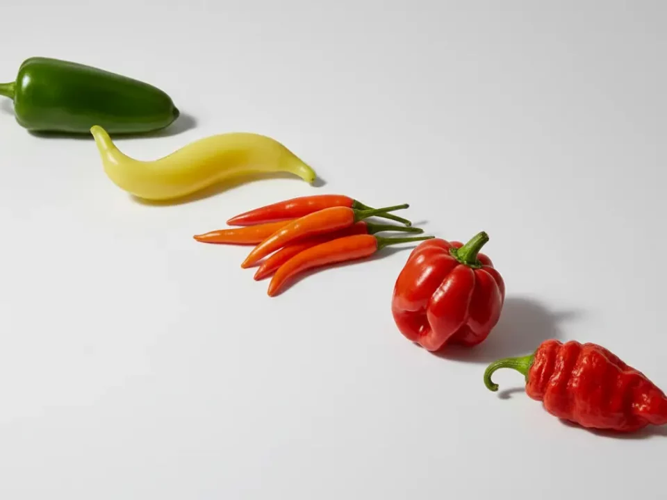 Verschiedene Paprika und Chilischoten auf weißem Hintergrund.