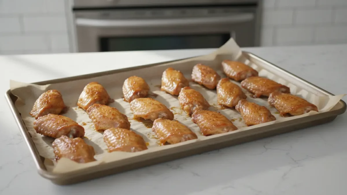 Backblech mit glasierten Hähnchenflügeln in der Küche.