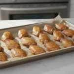 Backblech mit glasierten Hähnchenflügeln in der Küche.