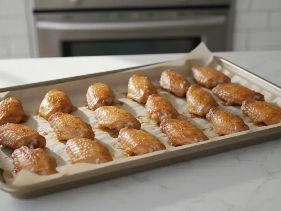 Backblech mit glasierten Hähnchenflügeln in der Küche.