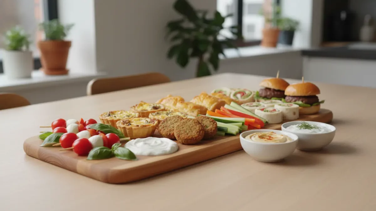 Vielfältige Snackplatte mit Mozzarella, Tomaten und Dips