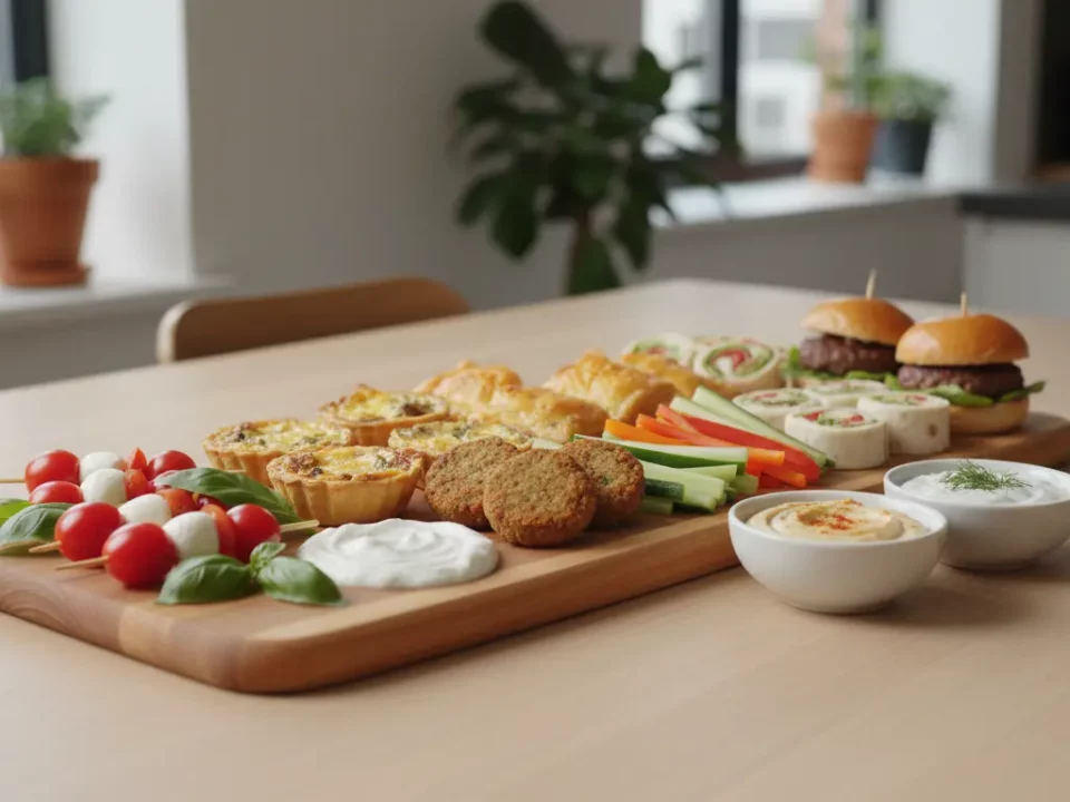 Vielfältige Snackplatte mit Mozzarella, Tomaten und Dips