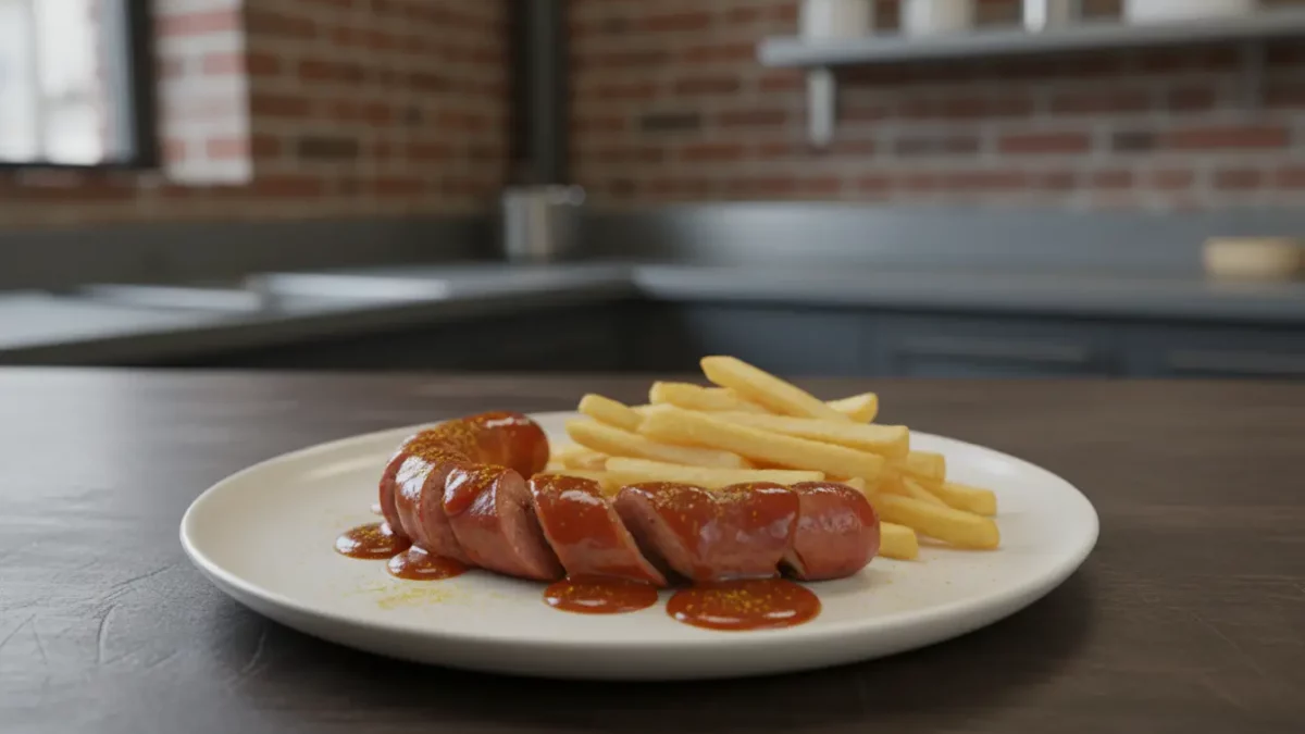 Würstchen mit Pommes und Barbecue-Sauce auf Teller