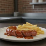 Würstchen mit Pommes und Barbecue-Sauce auf Teller