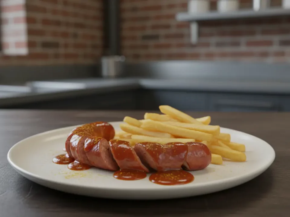 Würstchen mit Pommes und Barbecue-Sauce auf Teller