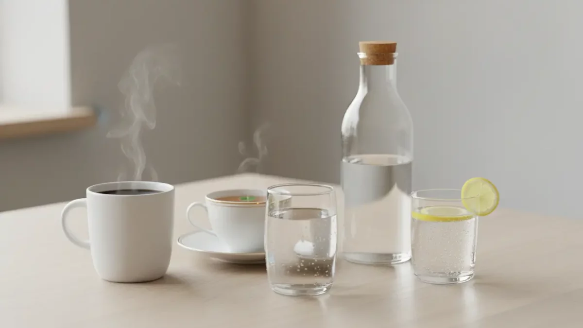 Tisch mit dampfendem Kaffee, Tee, Wasser und Limettenscheibe.