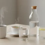 Tisch mit dampfendem Kaffee, Tee, Wasser und Limettenscheibe.