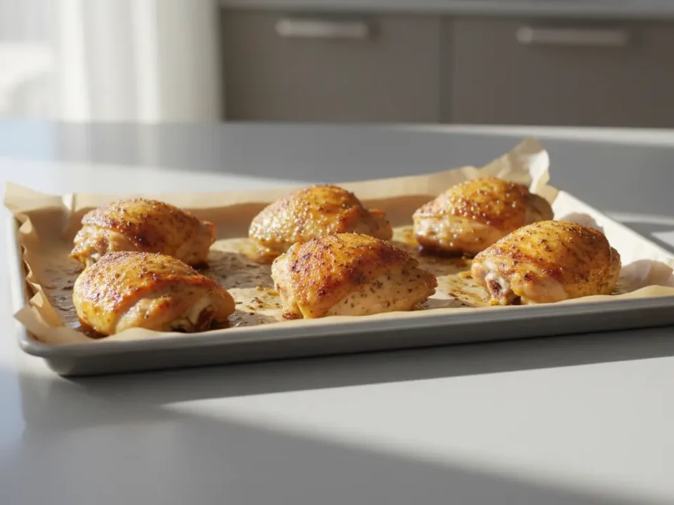Goldbraune Hähnchenteile auf einem Backblech