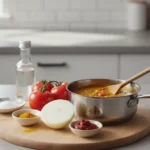 Küche: Topf mit Sauce, Tomaten, Zwiebel und Gewürze.