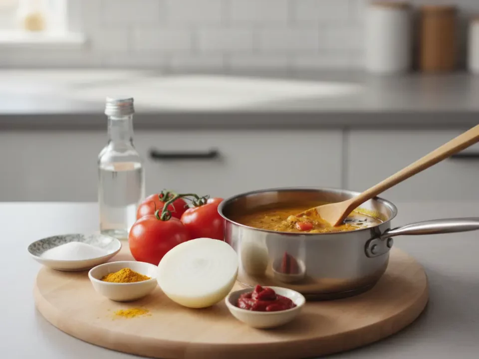 Küche: Topf mit Sauce, Tomaten, Zwiebel und Gewürze.