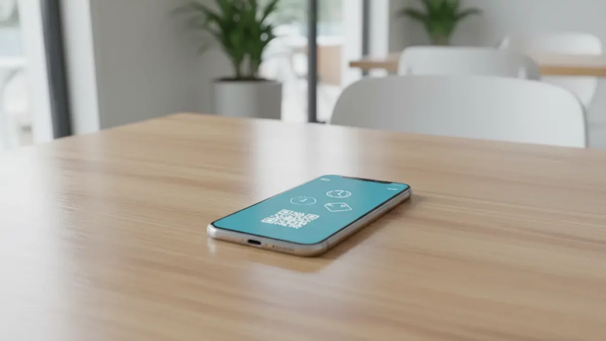 Smartphone liegt flach auf Holztisch, QR-Code sichtbar.
