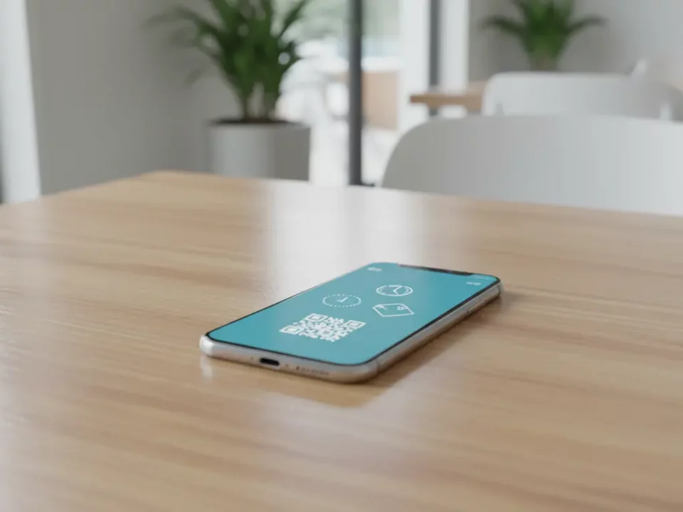Smartphone liegt flach auf Holztisch, QR-Code sichtbar.