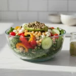 Großer Gemüsesalat in Glasschüssel, Samen-Topping
