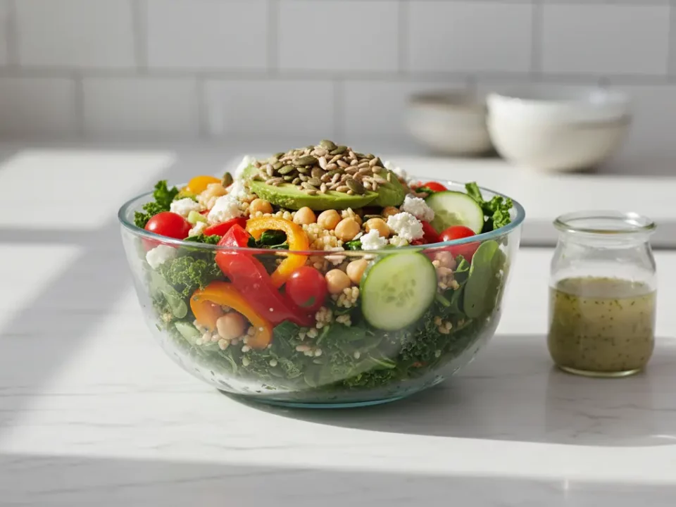 Großer Gemüsesalat in Glasschüssel, Samen-Topping