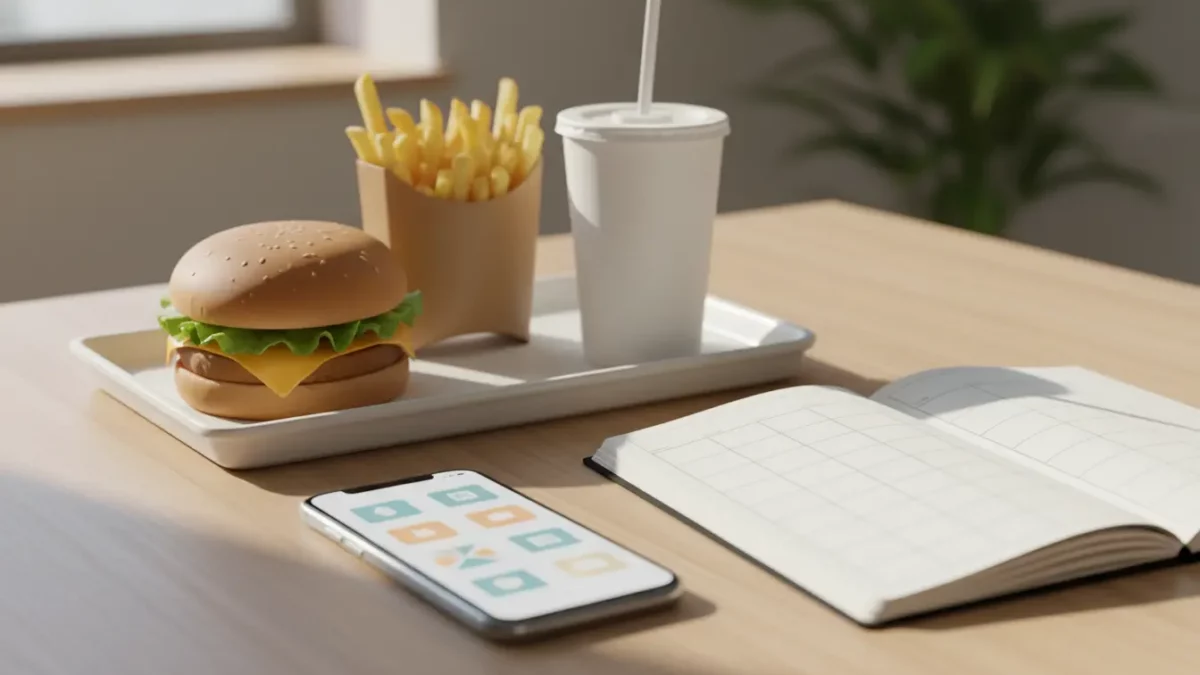 Hamburger mit Käse, Pommes und Getränk auf Tisch; Smartphone und Notizbuch.