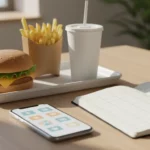 Hamburger mit Käse, Pommes und Getränk auf Tisch; Smartphone und Notizbuch.