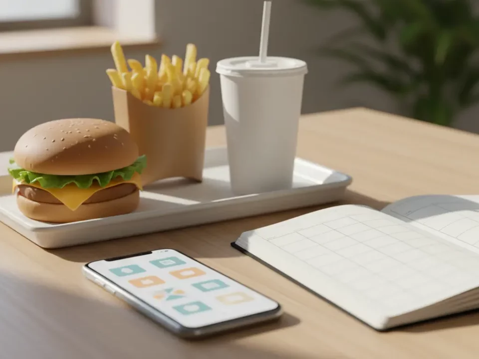 Hamburger mit Käse, Pommes und Getränk auf Tisch; Smartphone und Notizbuch.