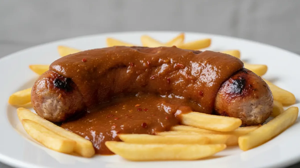 Bratwurst in brauner Sauce auf Pommes.