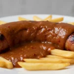 Bratwurst in brauner Sauce auf Pommes.