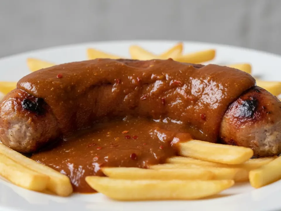Bratwurst in brauner Sauce auf Pommes.