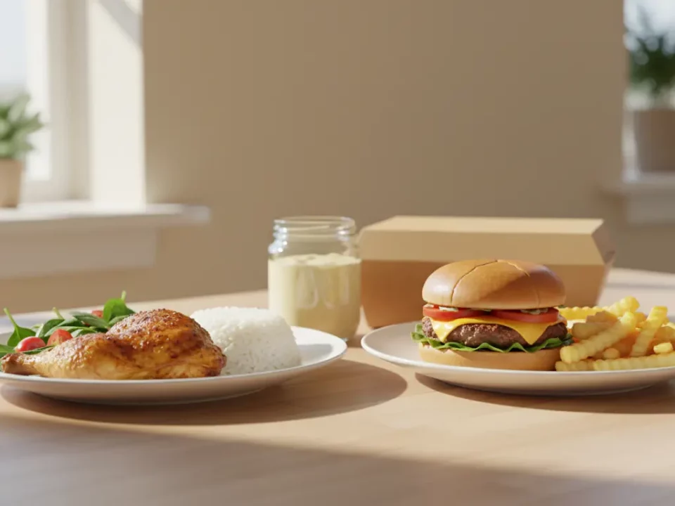 Mittagessen: Hähnchen mit Reis links, Burger mit Pommes rechts.