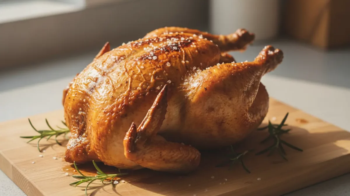 Ganzes Brathähnchen mit Rosmarin auf Holzbrett.