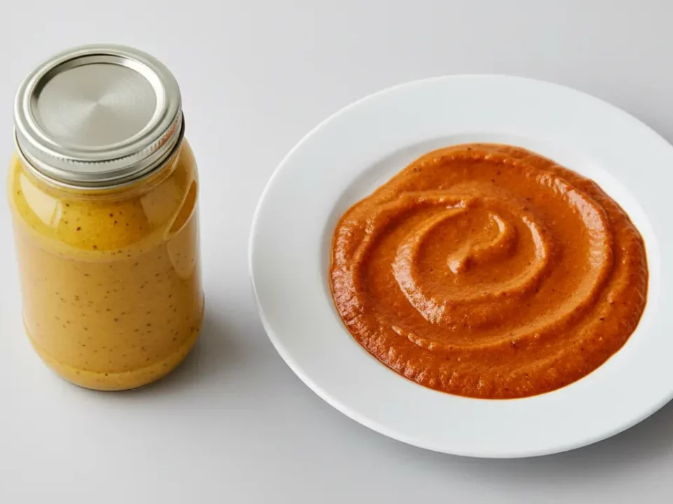 Senf im Glas links, orangefarbene Soße auf Teller rechts.