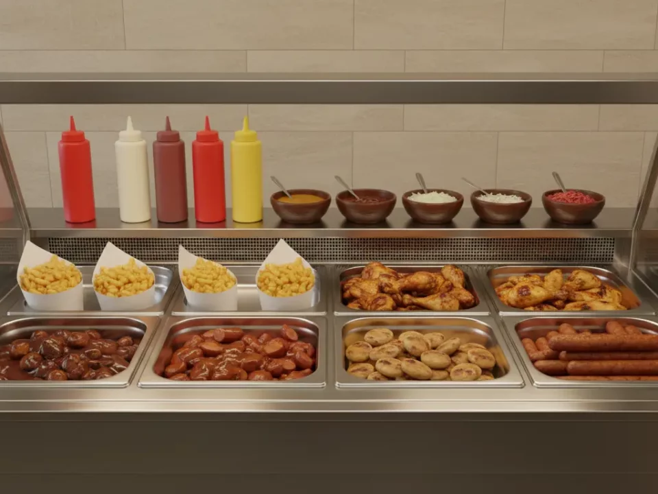 Selbstbedienungs-Foodbar mit Pommes, Würstchen und Hähnchen.