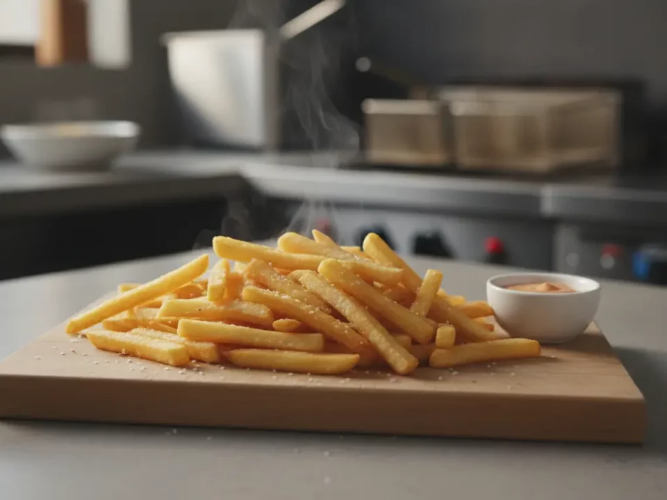 Knusprige Pommes auf Holzbrett mit Dip.