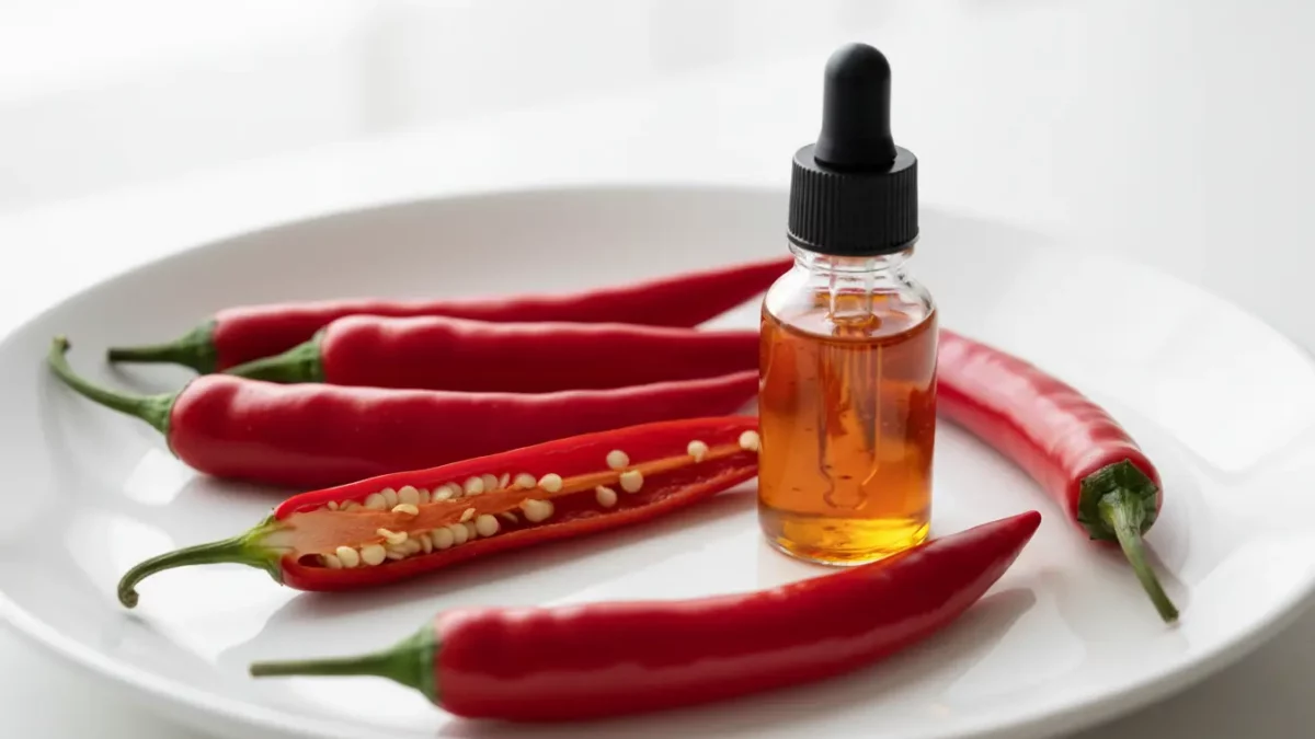 Rote Chilischoten und Ölfläschchen mit Tropfer auf Teller