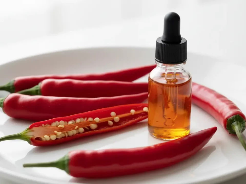 Rote Chilischoten und Ölfläschchen mit Tropfer auf Teller
