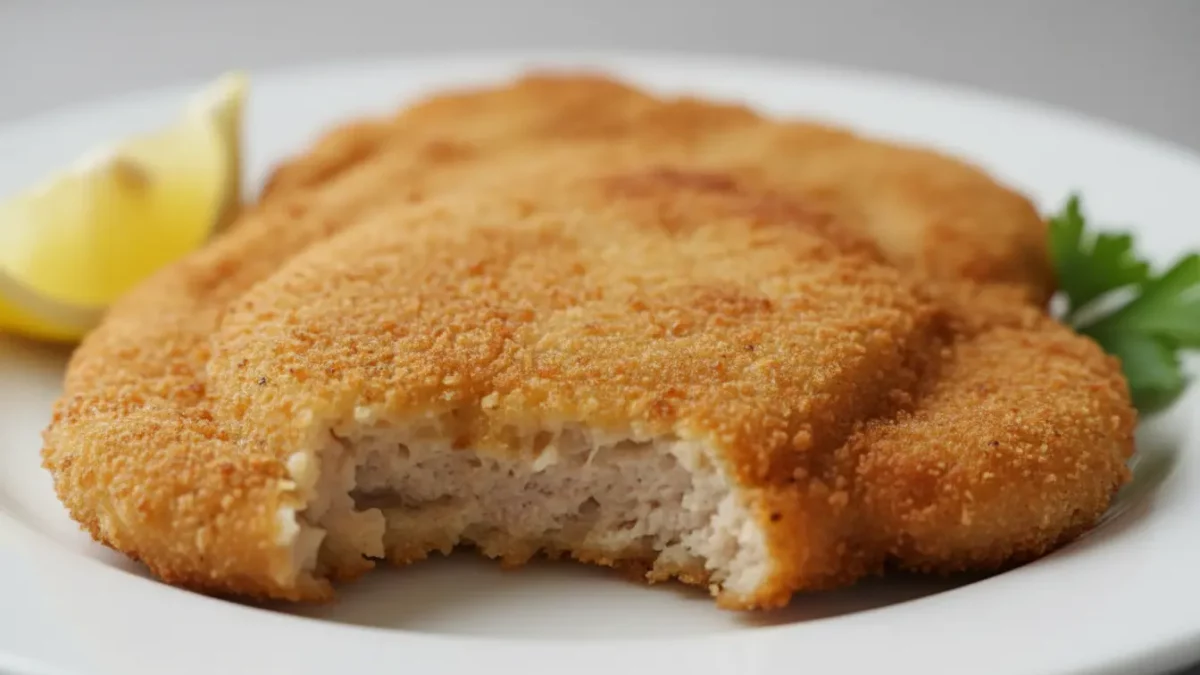 Knusprig paniertes Schnitzel mit Zitronenscheibe.