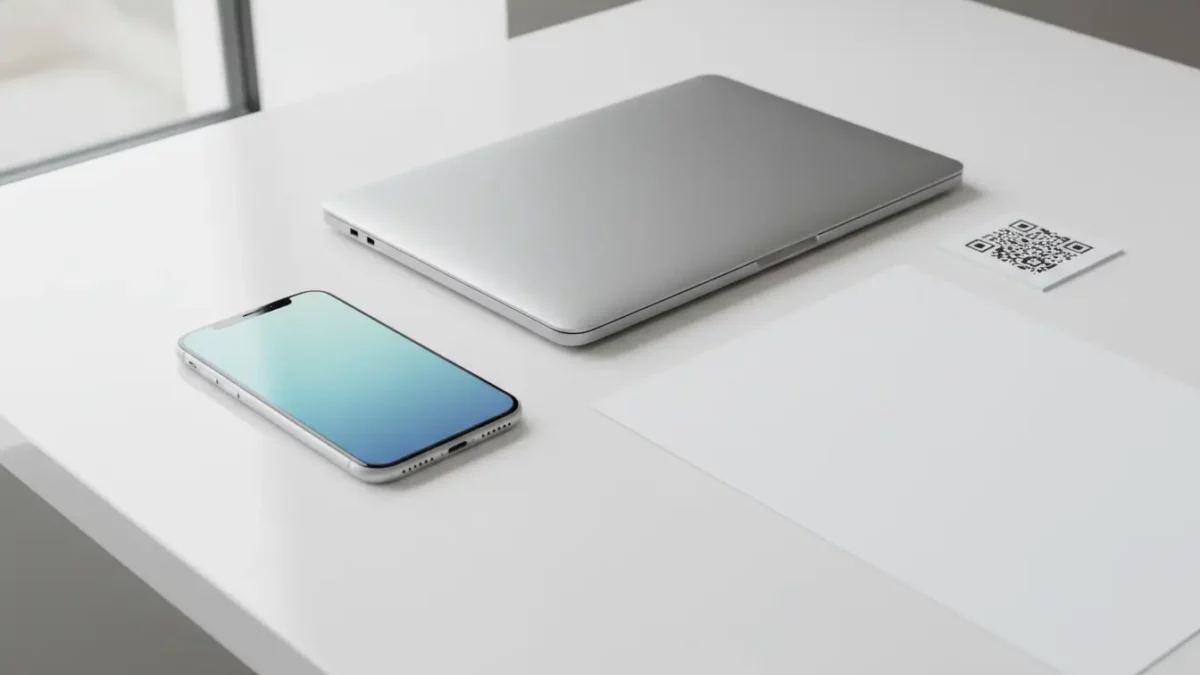 Silbernes Laptop und Smartphone auf weißem Schreibtisch neben QR-Code.