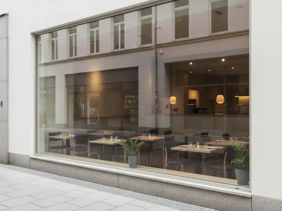 Außenansicht eines Cafés mit großer Glasfront