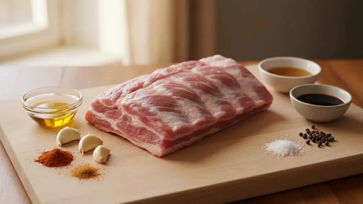 Rohes Schweinefleisch mit Gewürzen auf Schneidebrett