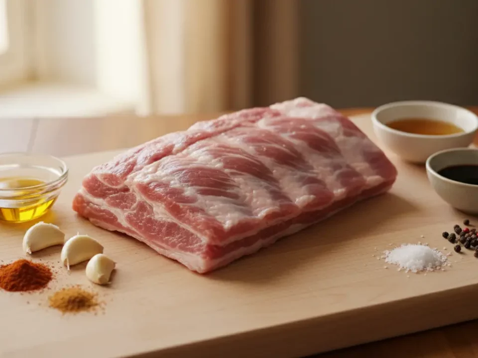 Rohes Schweinefleisch mit Gewürzen auf Schneidebrett