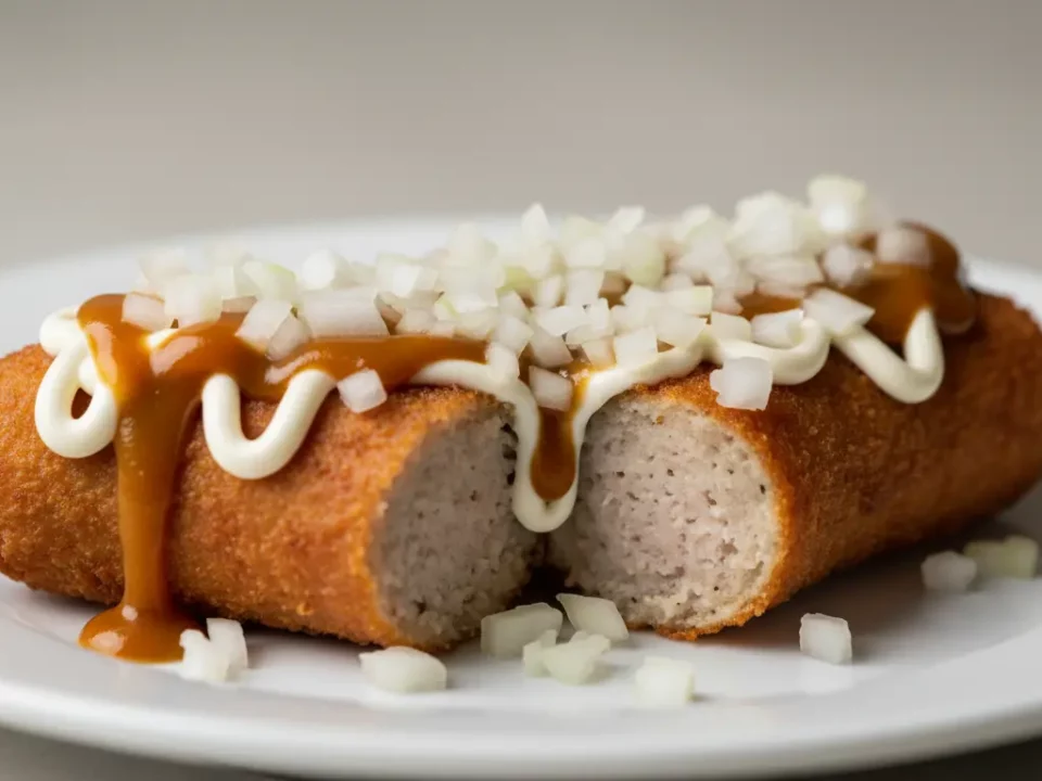 Kroketten mit Mayonnaise-Sauce und Zwiebelwürfeln.