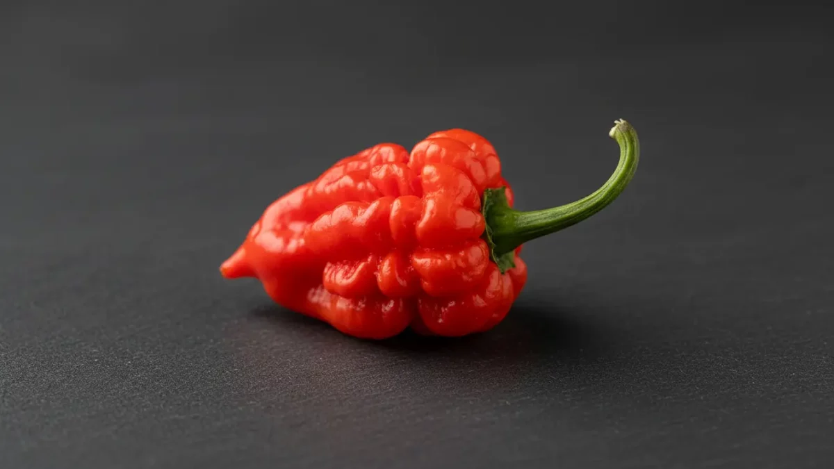 Rote Paprika mit unregelmäßiger Oberfläche auf dunklem Hintergrund.