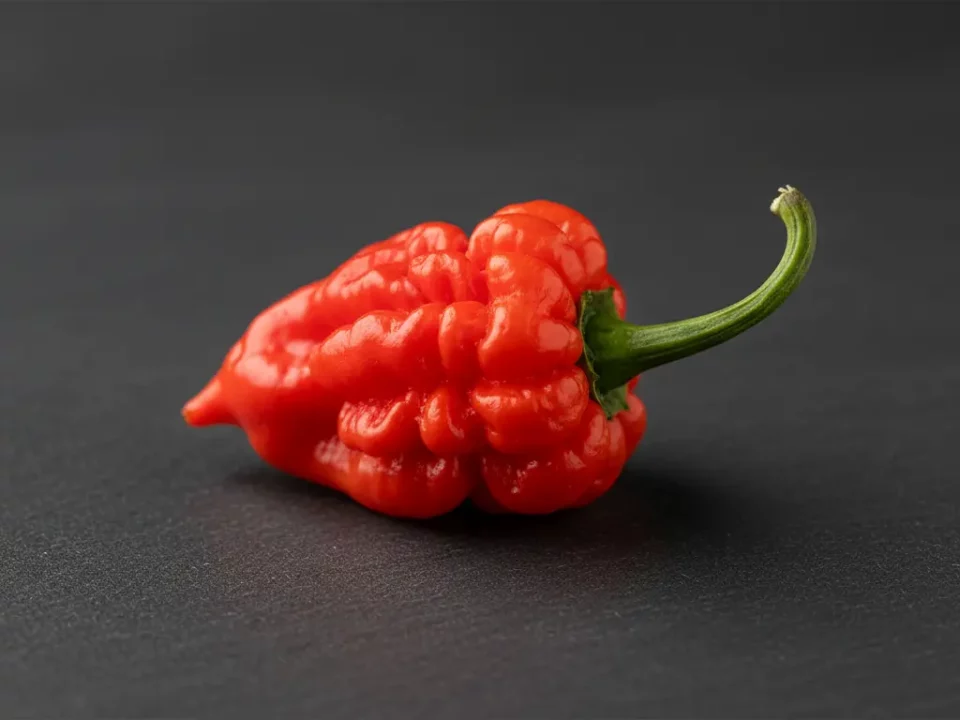 Rote Paprika mit unregelmäßiger Oberfläche auf dunklem Hintergrund.