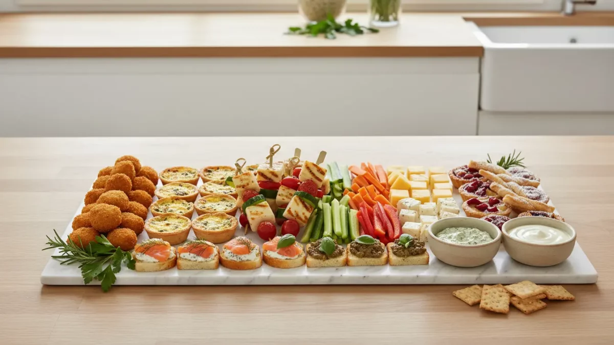 Große Vorspeisenplatte mit Käse, Gemüse und Canapés