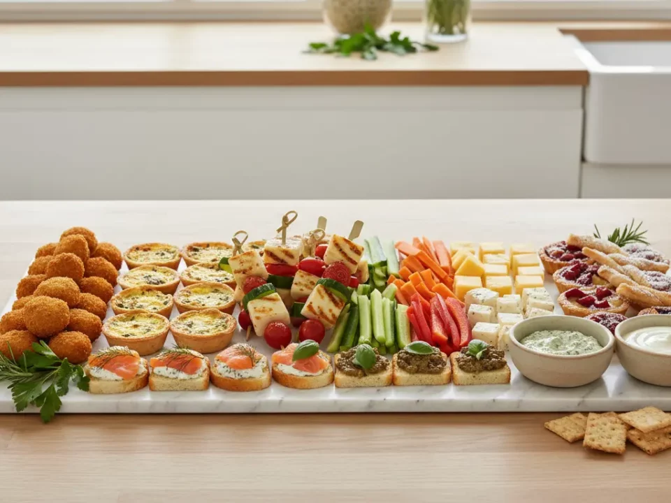 Große Vorspeisenplatte mit Käse, Gemüse und Canapés