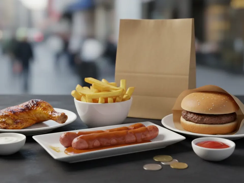 Fast-Food-Platte mit Burger, Hähnchen, Würstchen und Pommes