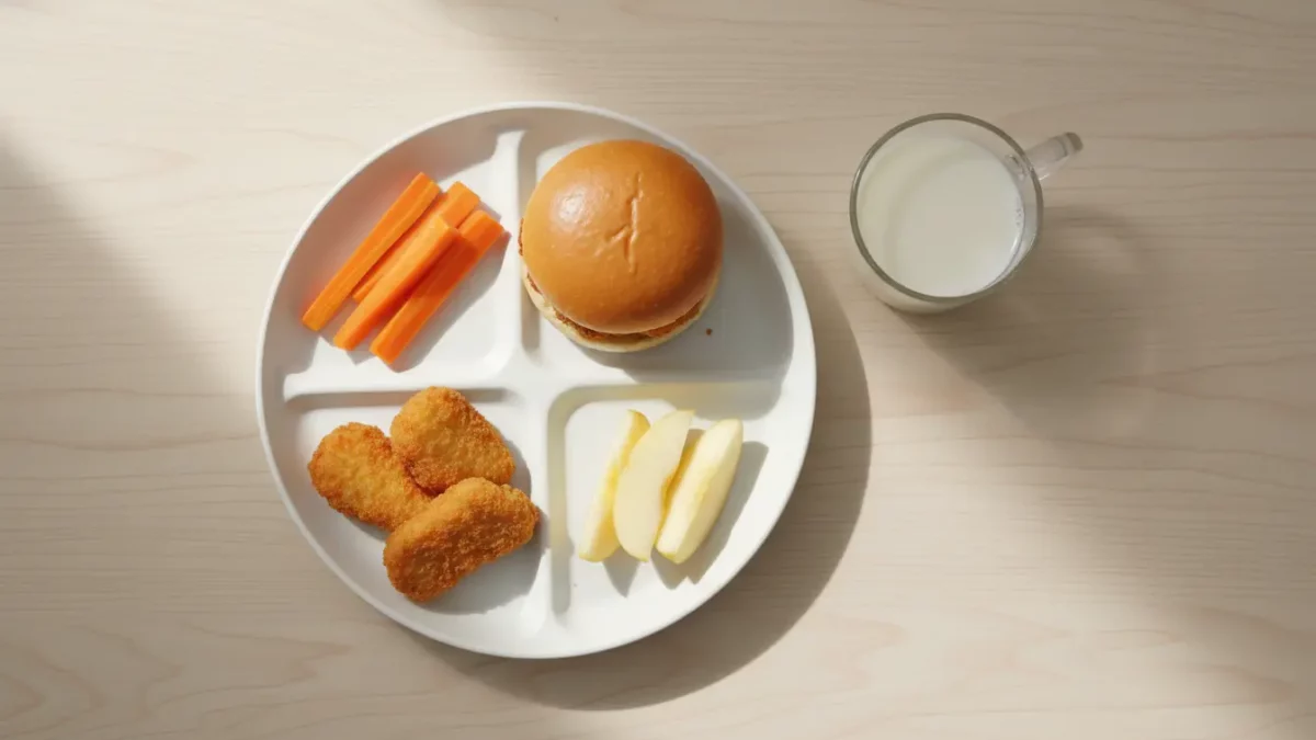 Mittagessen mit Hamburger, Nuggets, Karottensticks, Apfelstücke und Milch.