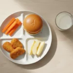 Mittagessen mit Hamburger, Nuggets, Karottensticks, Apfelstücke und Milch.