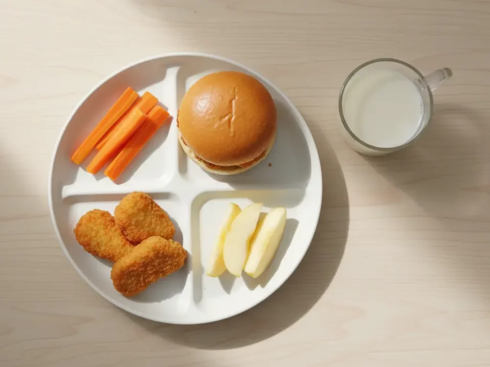 Mittagessen mit Hamburger, Nuggets, Karottensticks, Apfelstücke und Milch.