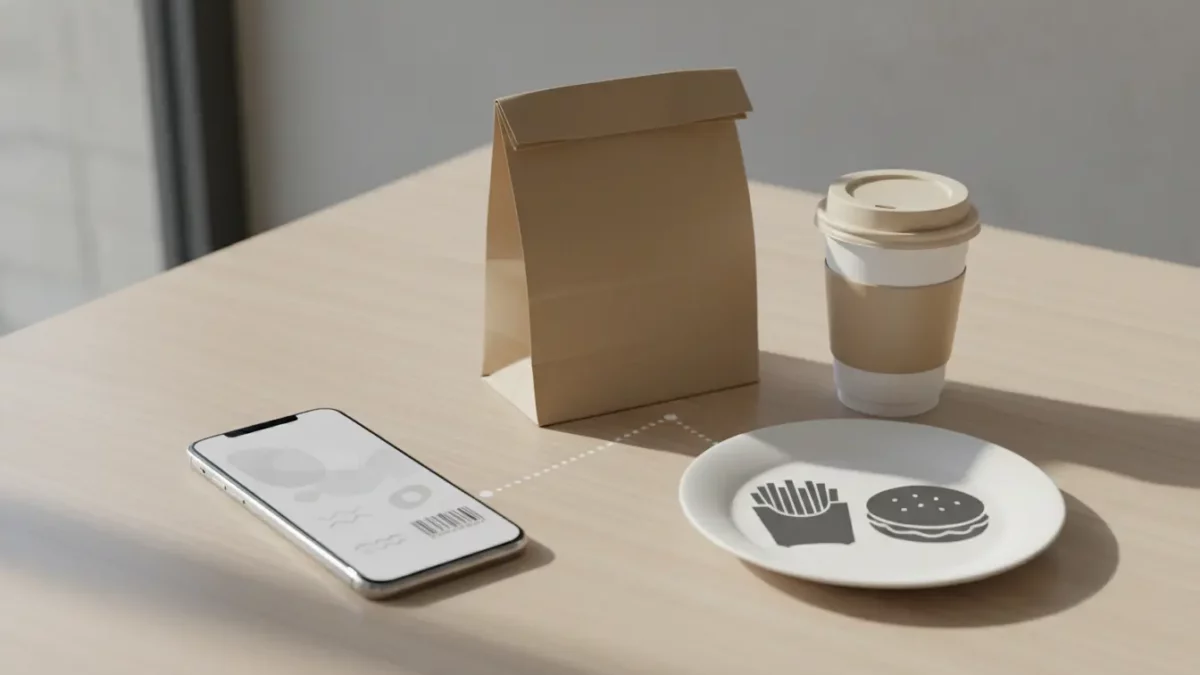 Tisch mit To-Go-Tüte, Kaffee, Smartphone, Teller mit Burger- und Pommes-Symbolen
