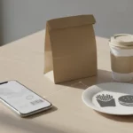 Tisch mit To-Go-Tüte, Kaffee, Smartphone, Teller mit Burger- und Pommes-Symbolen