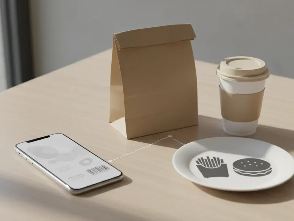 Tisch mit To-Go-Tüte, Kaffee, Smartphone, Teller mit Burger- und Pommes-Symbolen